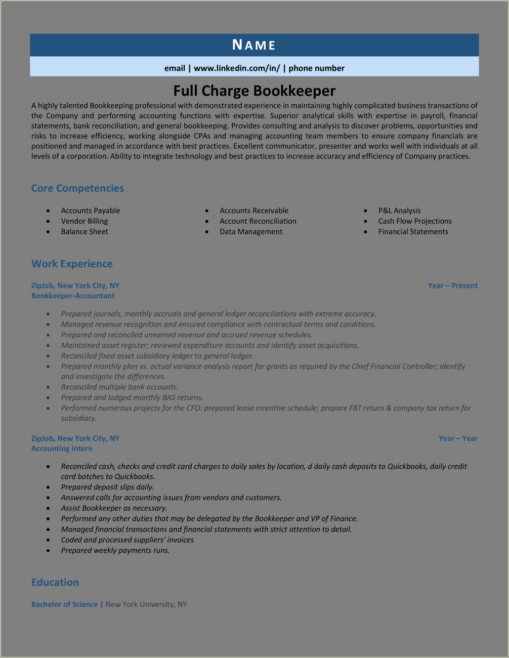 Full Charge Bookkeeper Job Description For Resume