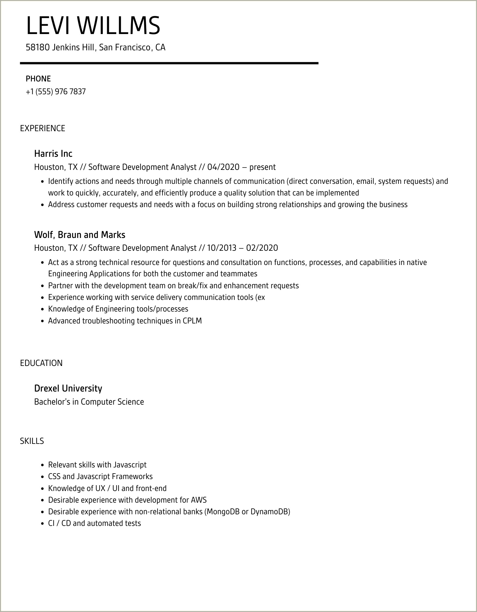 Full Development Life Cycle Experience Resume