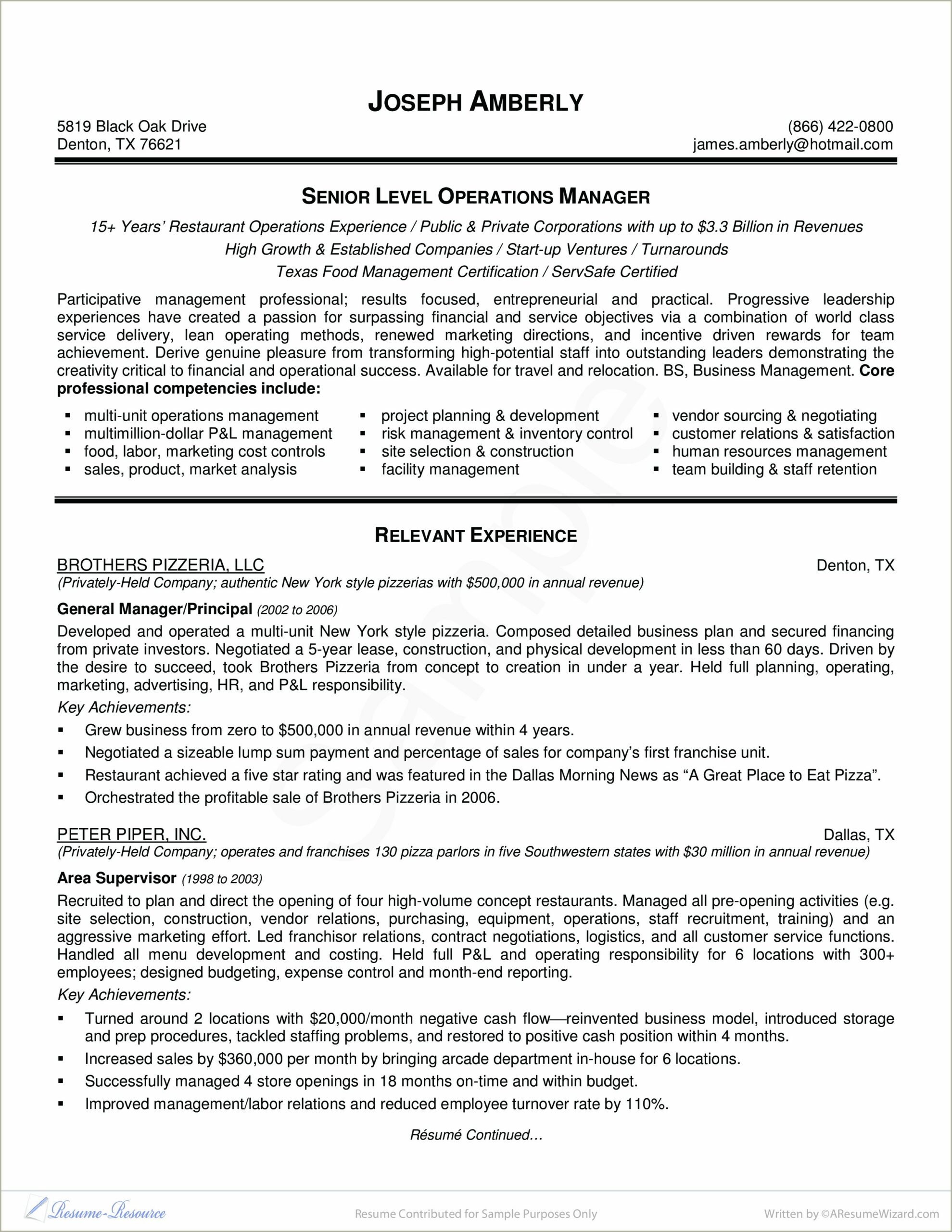 Full Service Hotel General Manager Resume