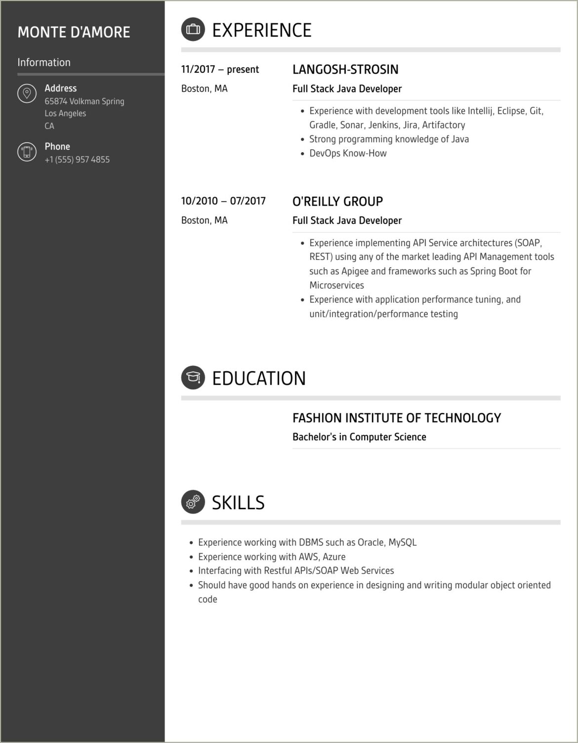 Full Stack Developer Resume Template Java