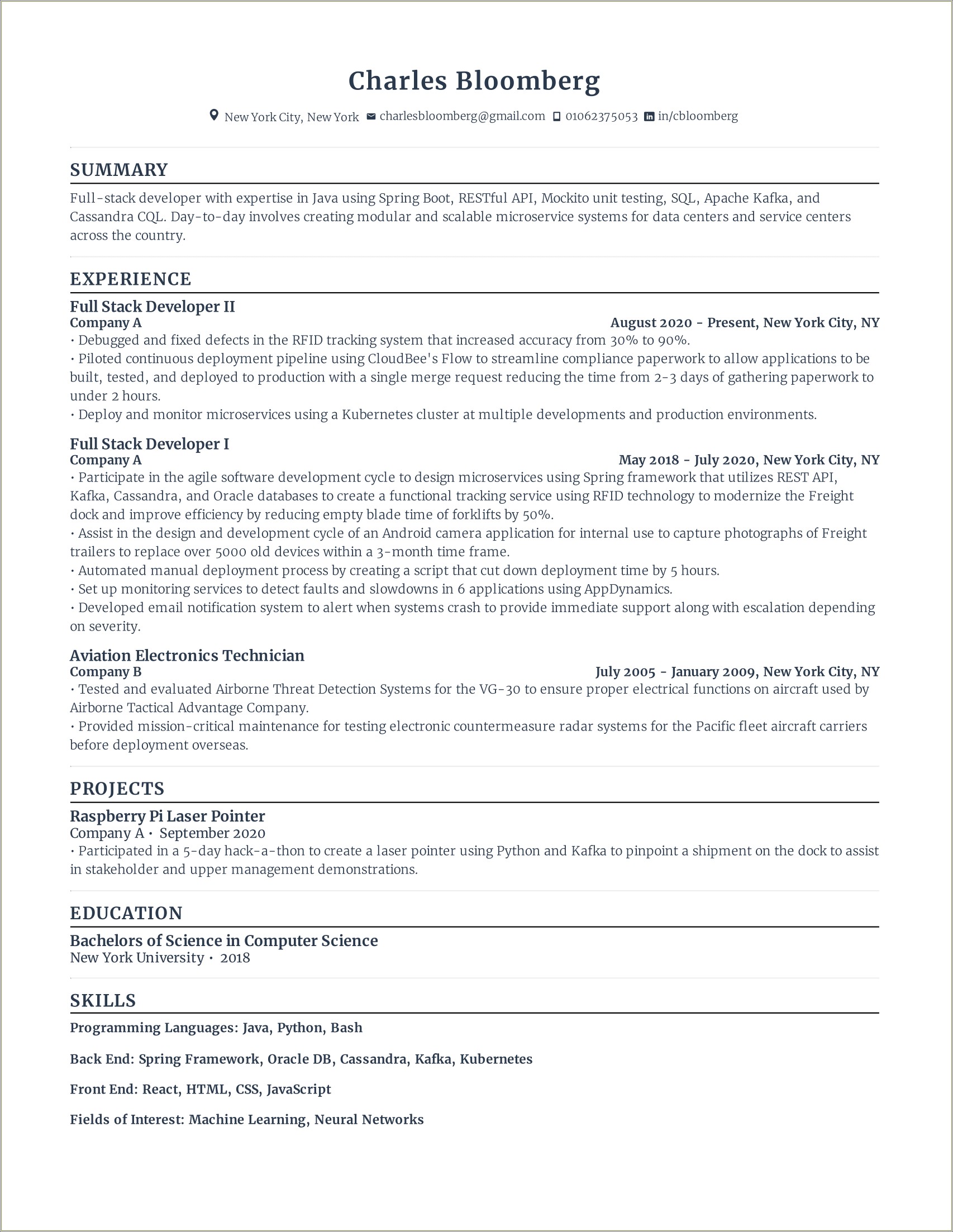 Full Stack Engineer Resume Summary