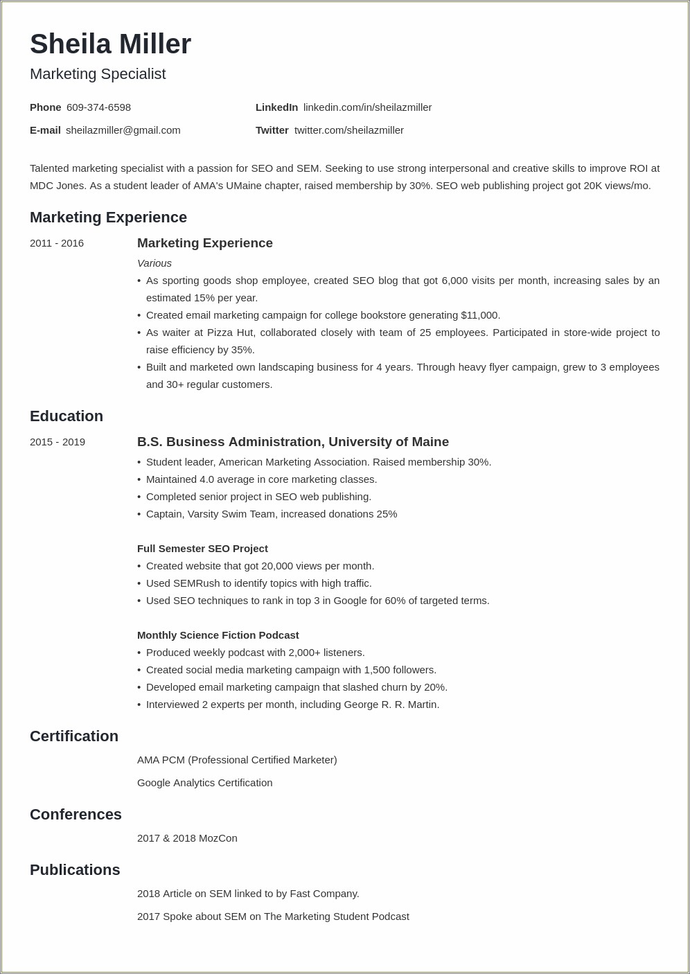 Full Time College Student Resume Example