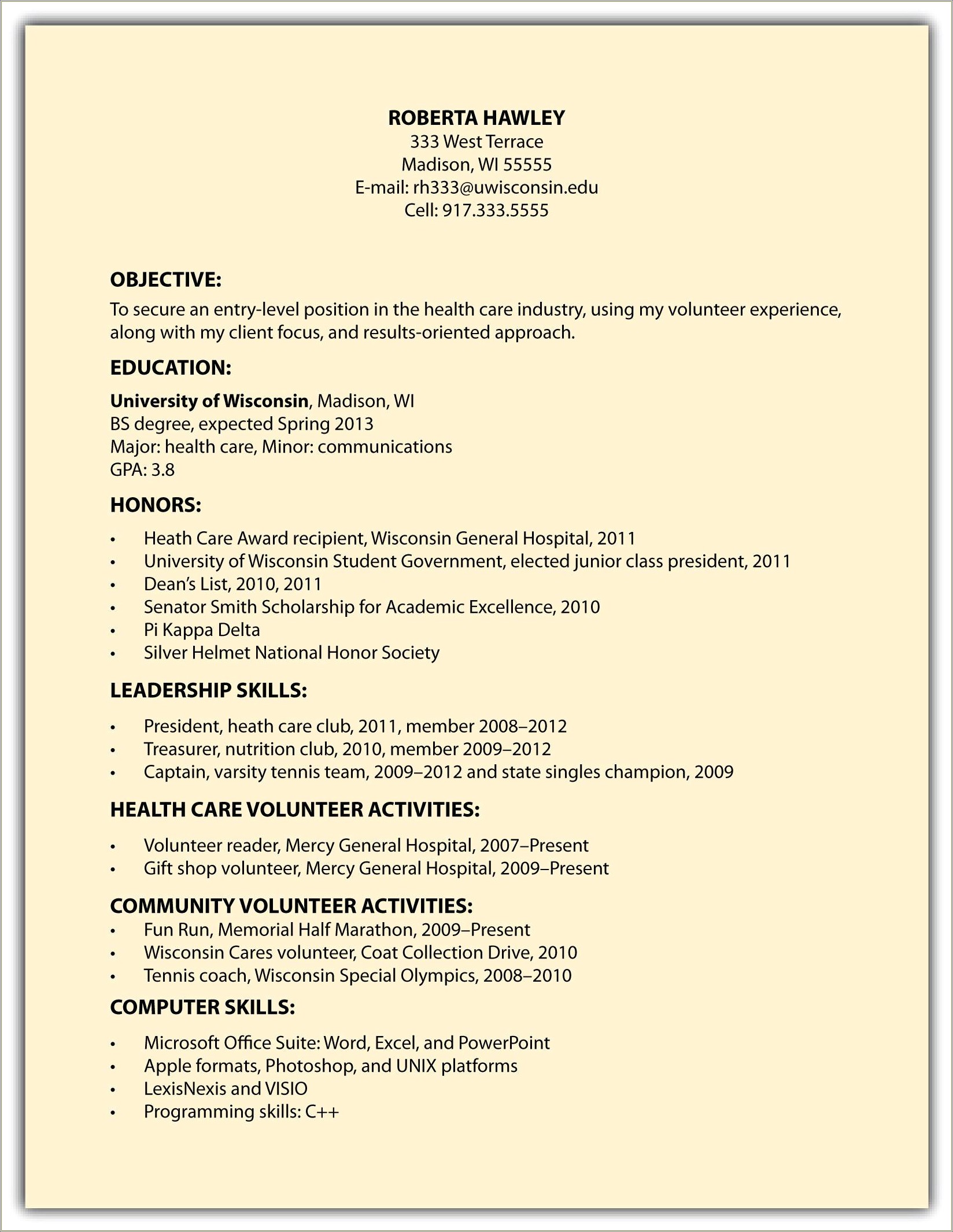 Functional Format Resume For A High School Student