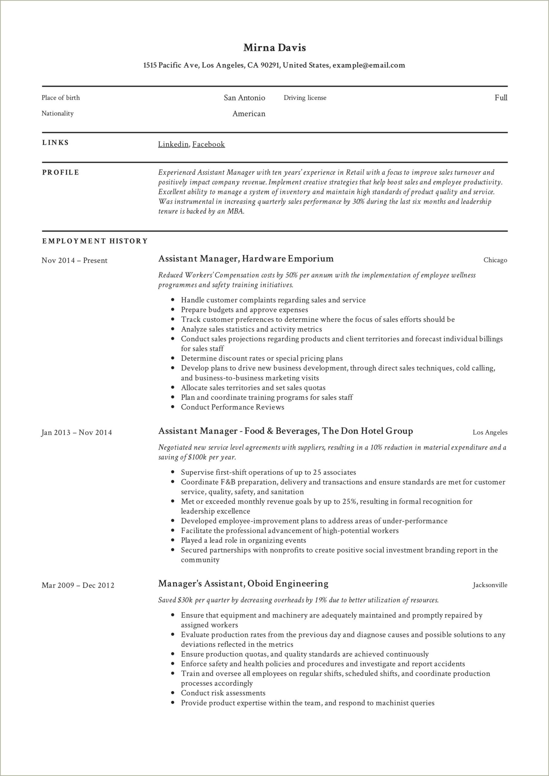 Functional Resume For Assistant Store Manager