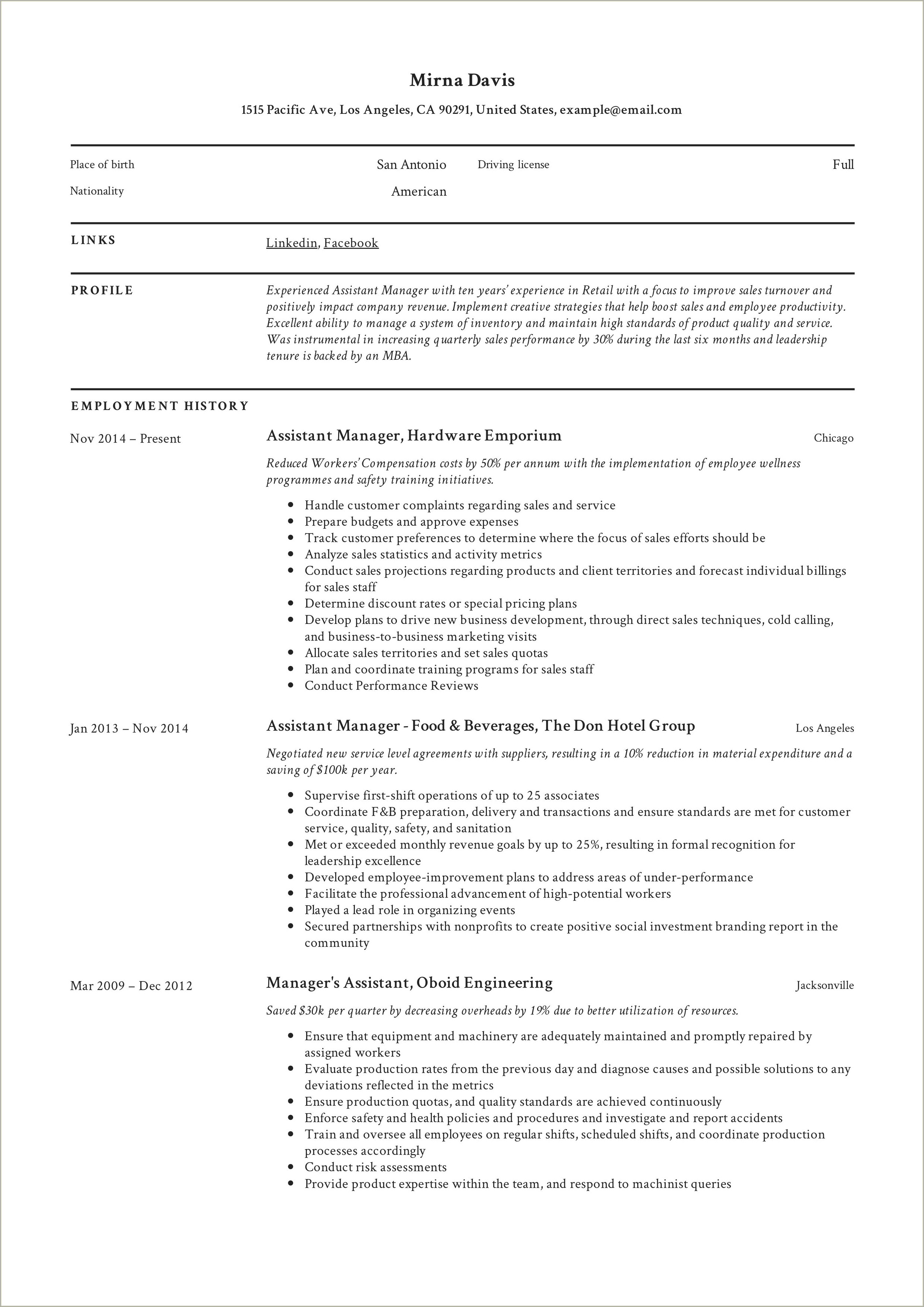 Functional Resume For Assistant Store Manager