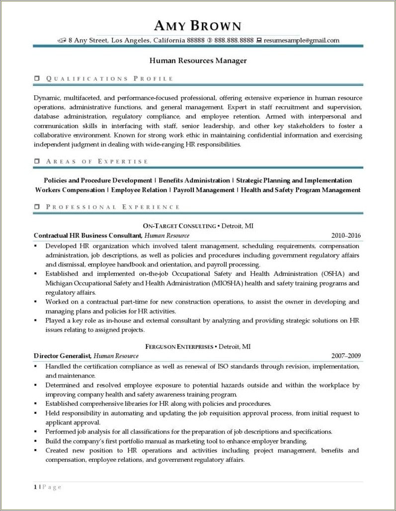 Functional Resume For Human Resources Manager