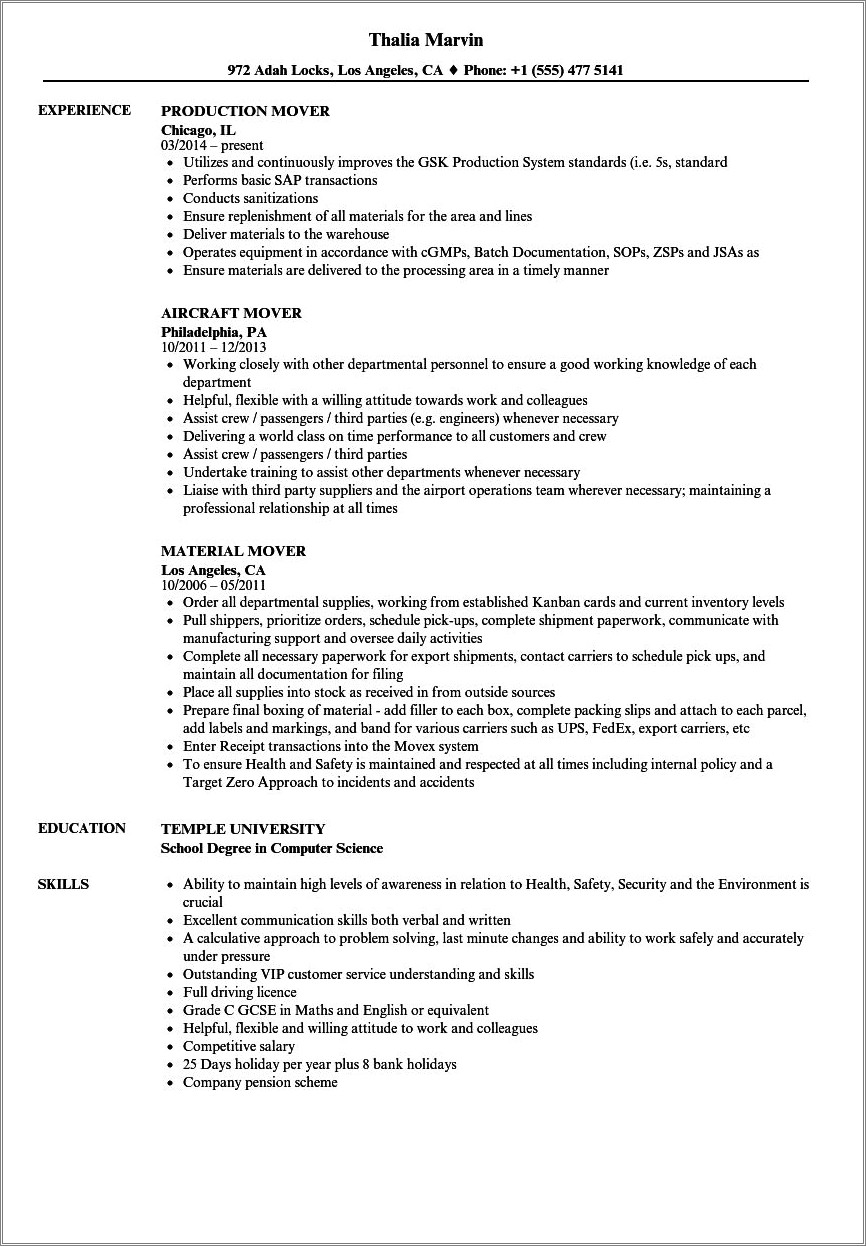 Furniture Removalist Job Description For Resume