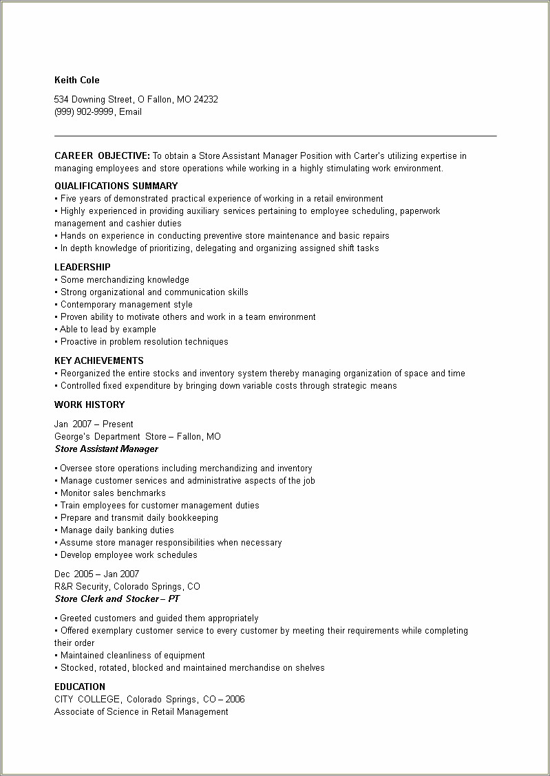 Gamestop Assistant Store Leader Job Description Resume