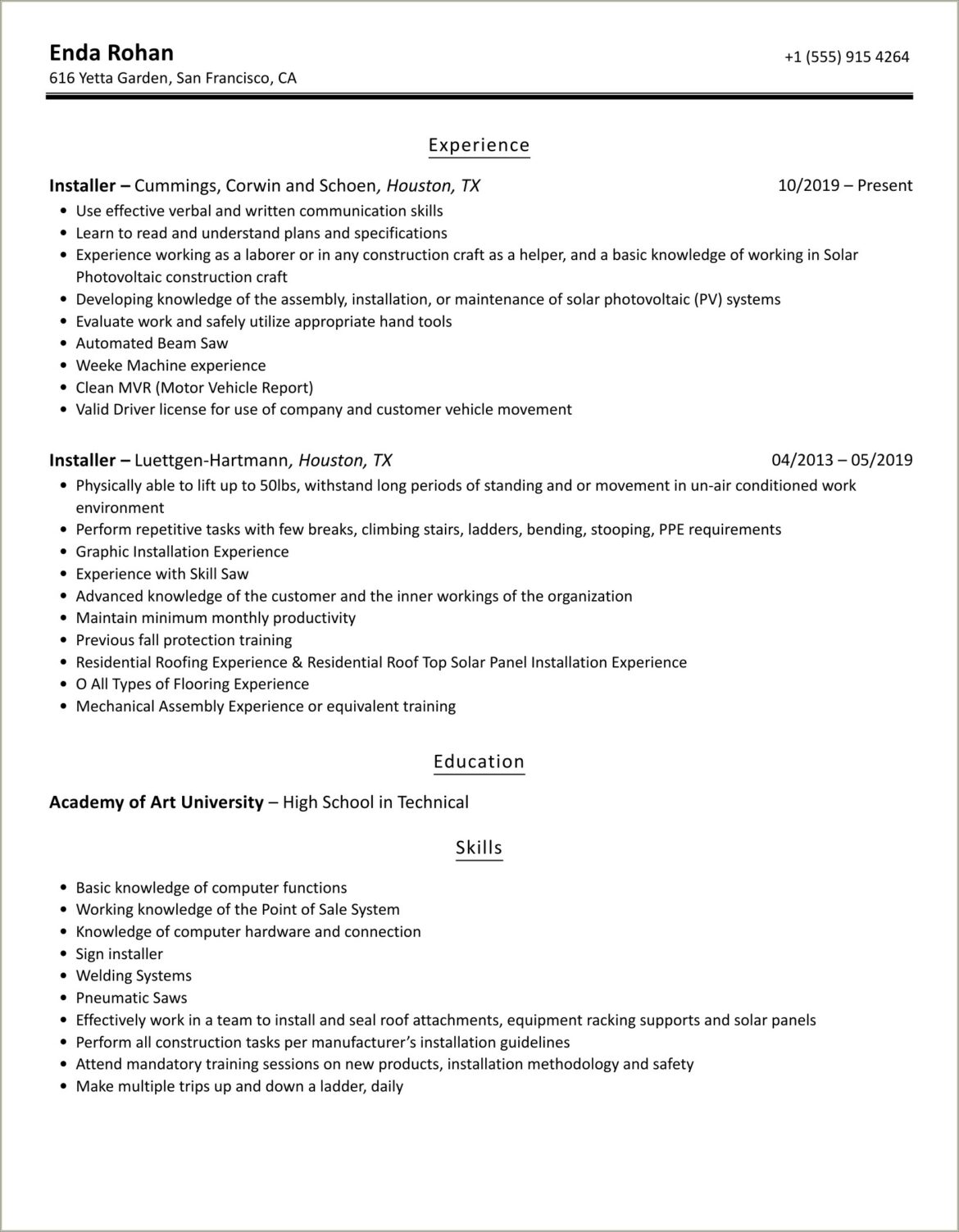 Garage Door Installer Job Description For Resume