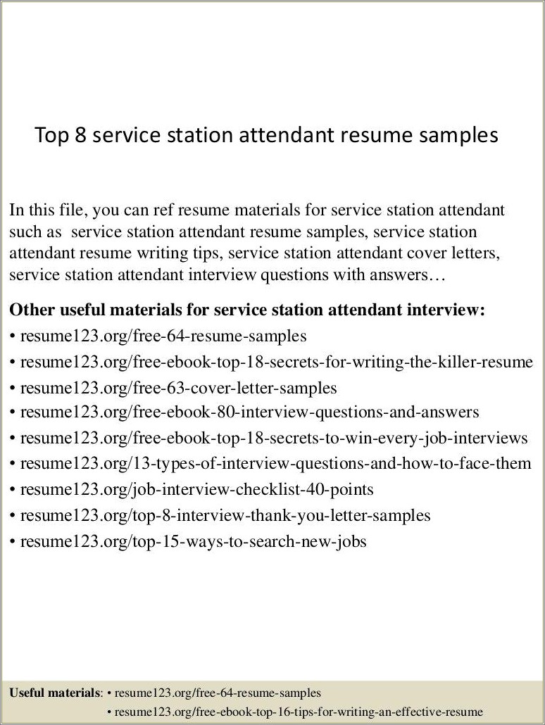 Gas Station Attendant Job Duties For Resume