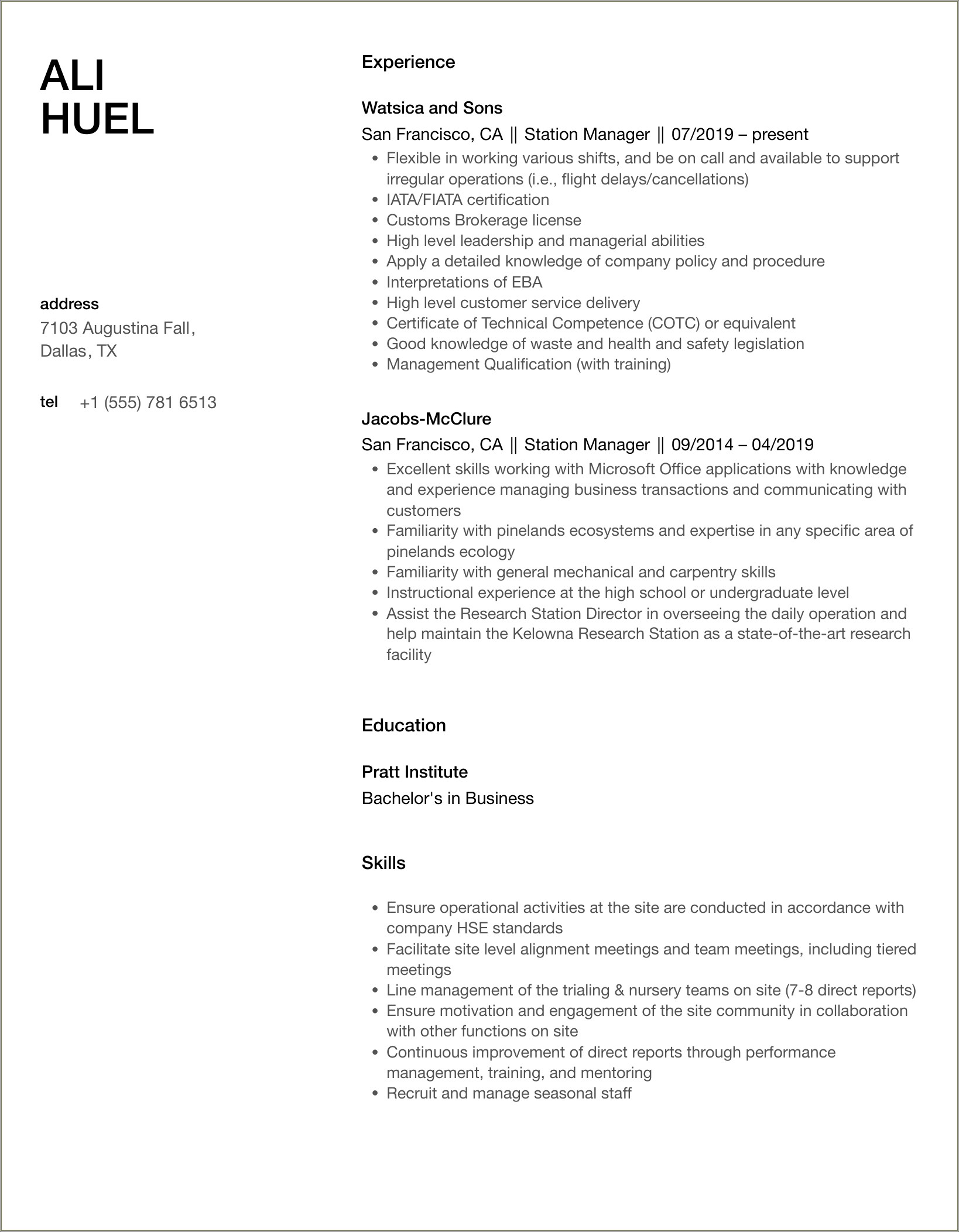 Gas Station Manager Job Description Resume