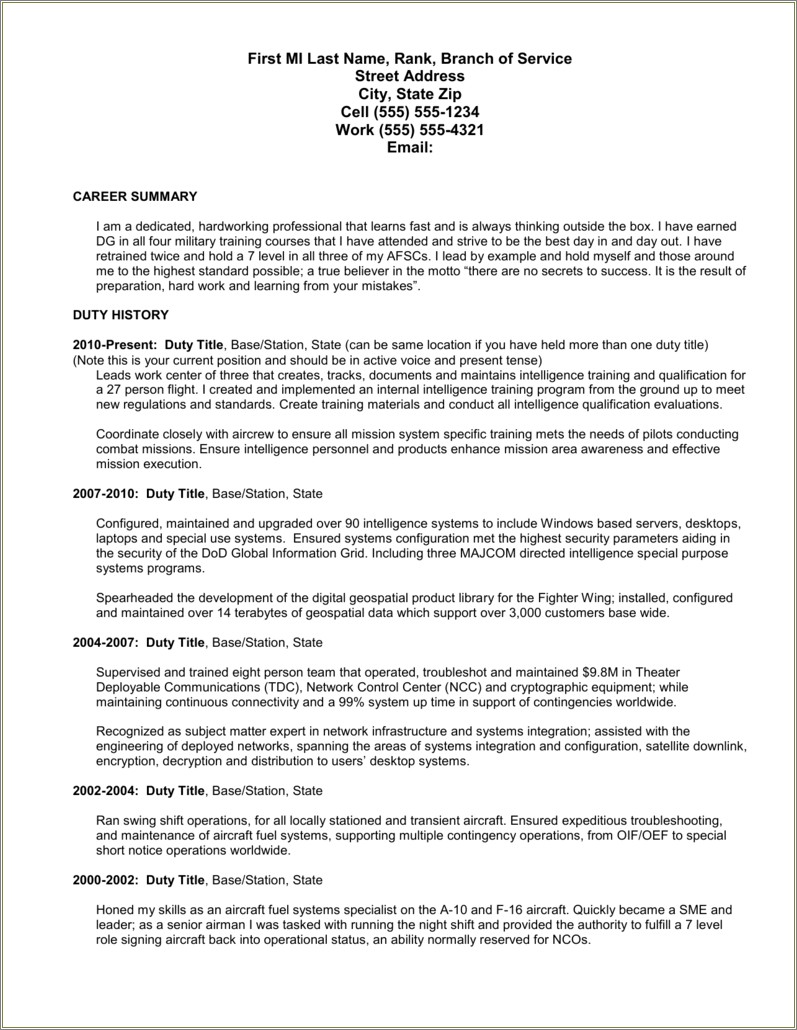 General Air Force Resume Summary Statement