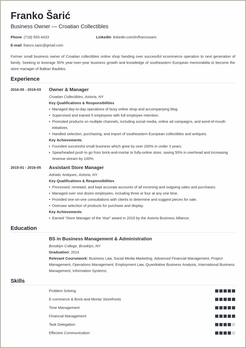 General Contractor Construction Business Owner Resume Example