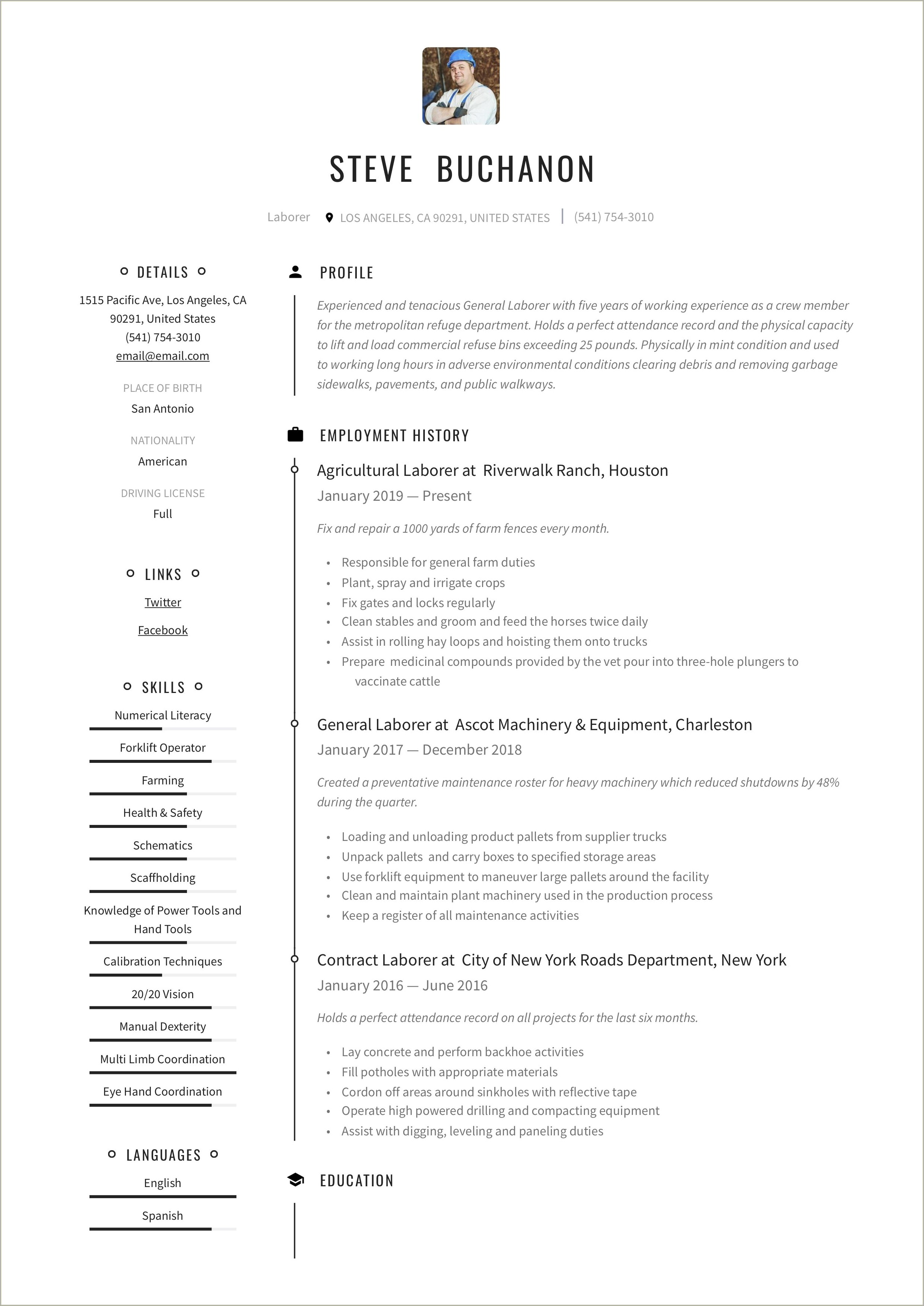 General Job Objective For Resume Examples General Labor