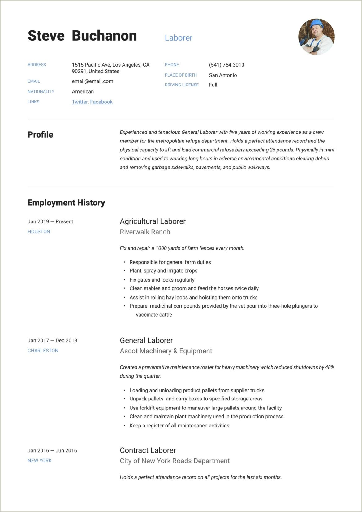 General Labor Job Duties For Resume