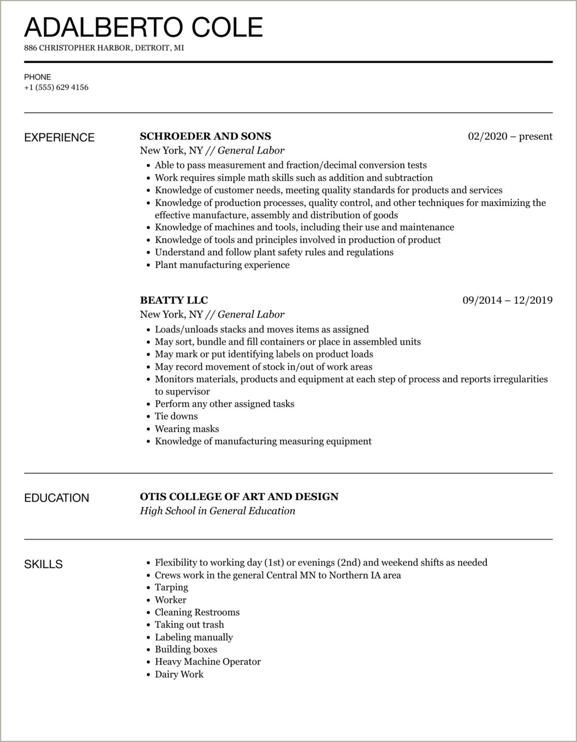 General Labour Job Description For Resume