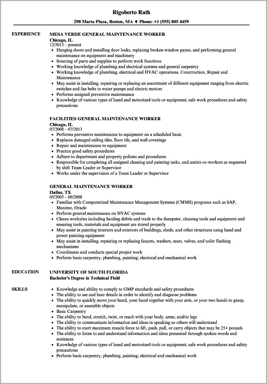 General Maintenance Job Description For Resume
