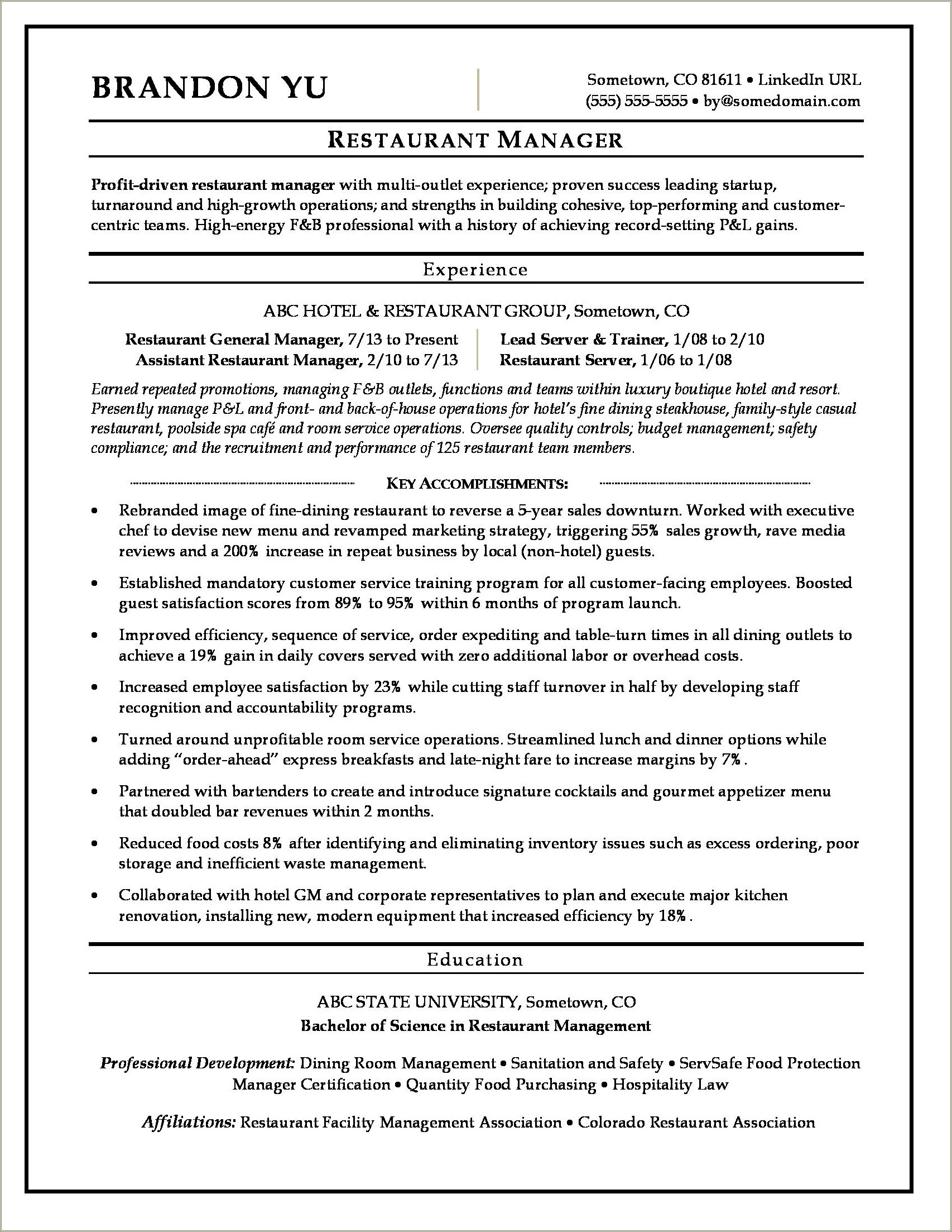 General Manager Of A Restaurant Resume