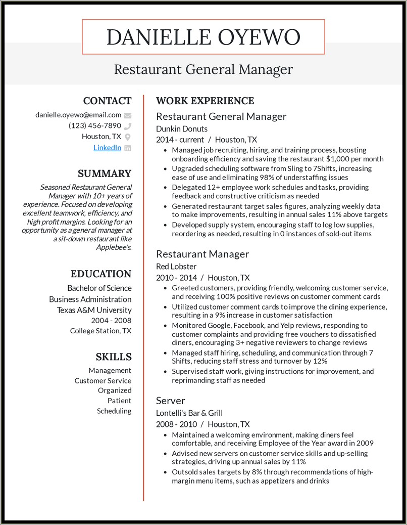 General Manager Restaurant Job Description Resume