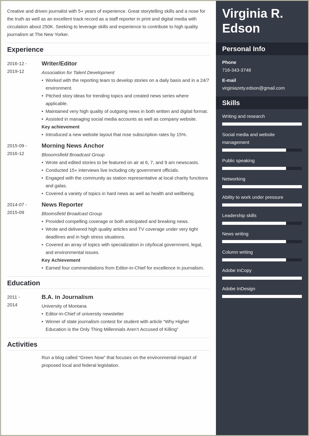 General Resume Education Examples Journalism College Student