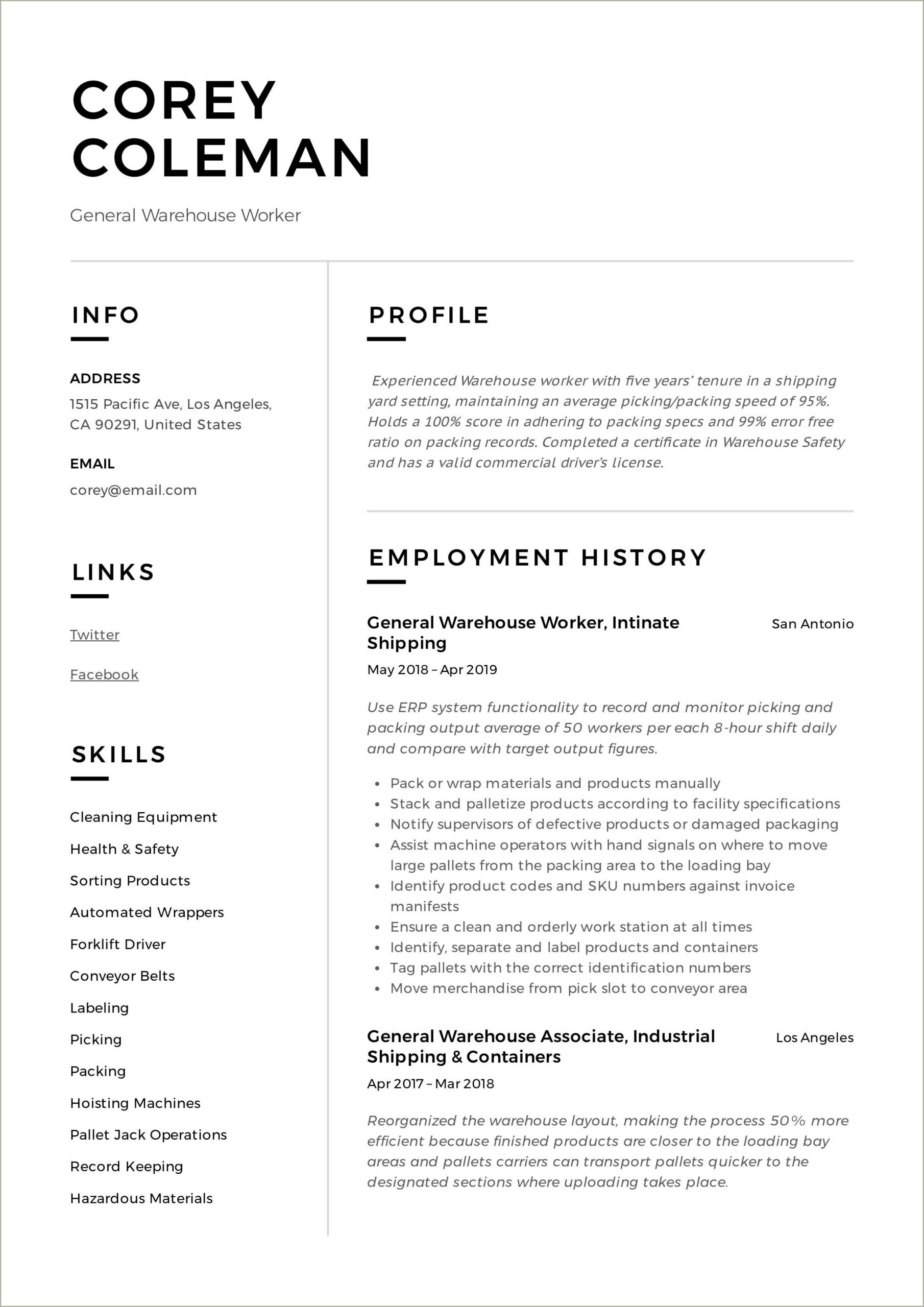 General Resume Examples For Warehouse Worker