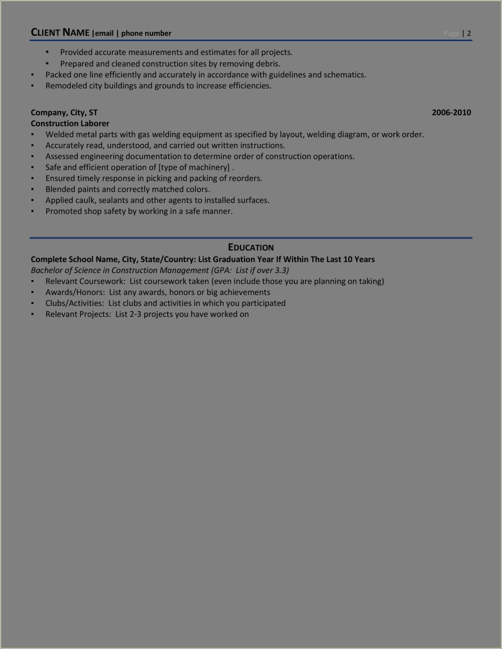 General Resume Objective Examples Foe Constrution
