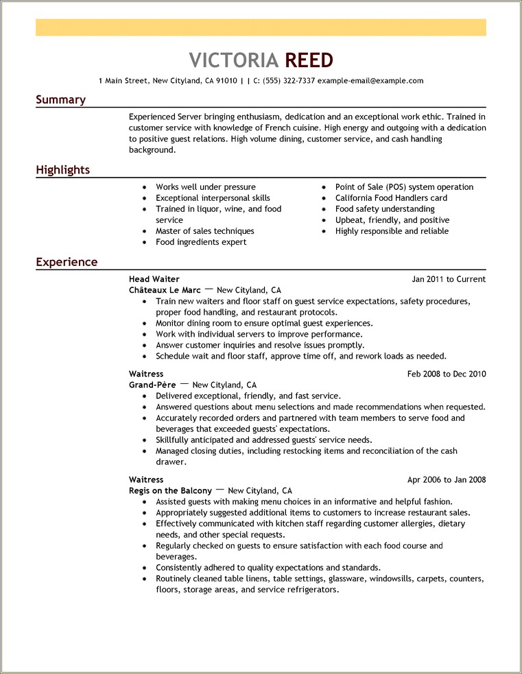 General Resume Objective Examples Food Service