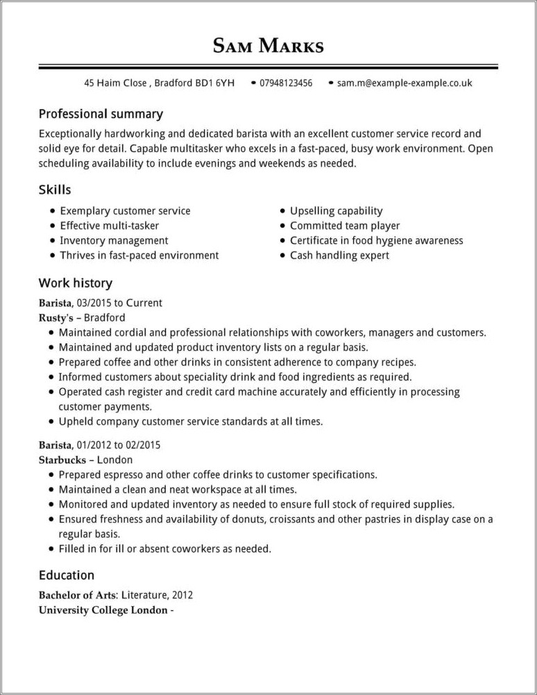 General Resume Objective Examples For Barista