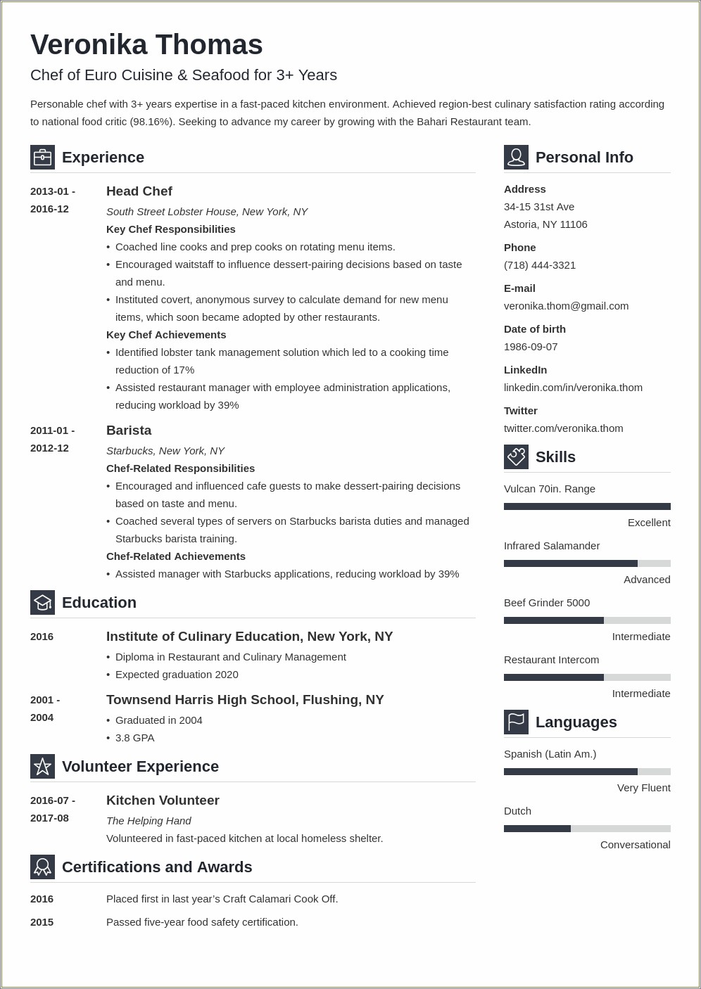 General Resume Objective Examples For Chef