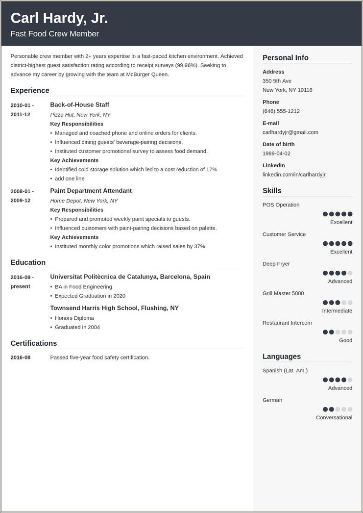 General Resume Objective Examples For Fast Food