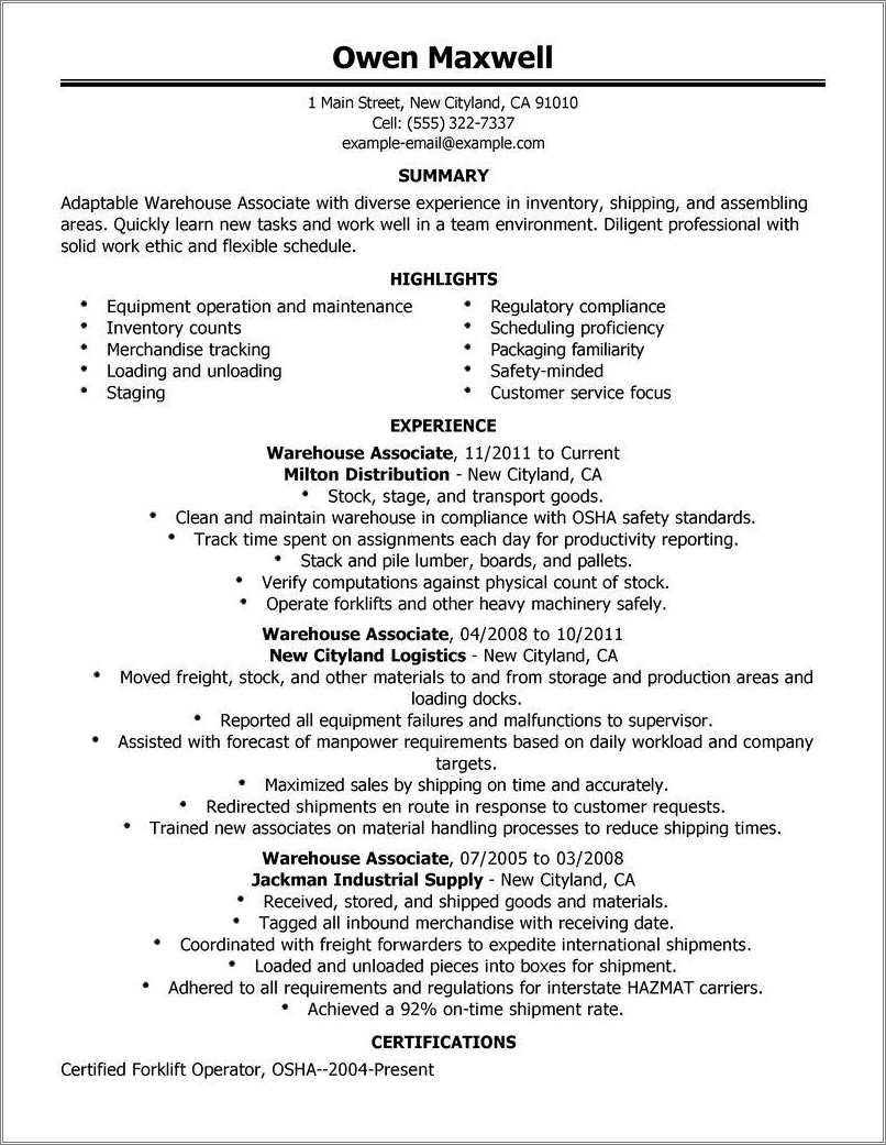 General Resume Objective Examples For Warehouse Worker
