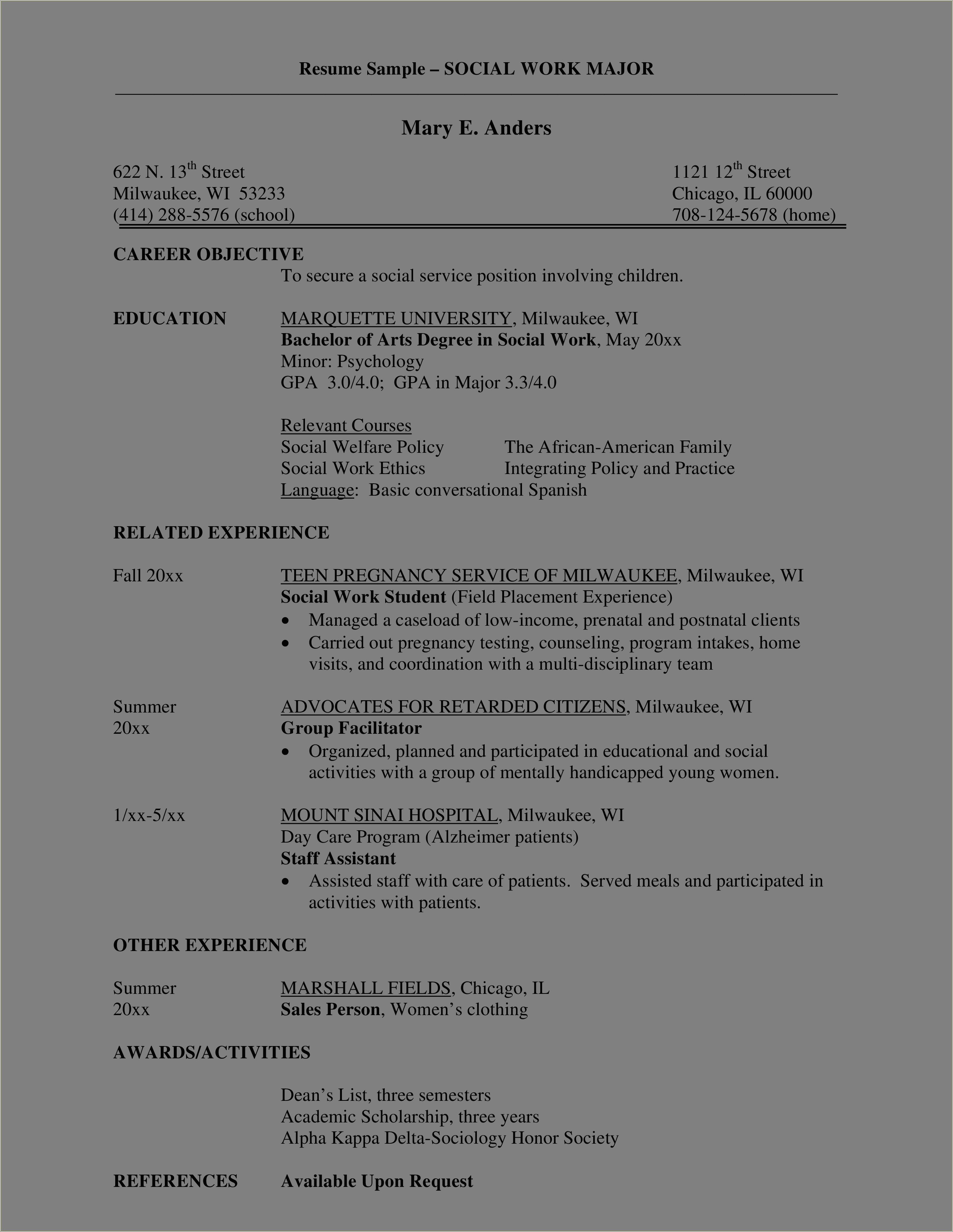 General Resume Objective Examples Social Work