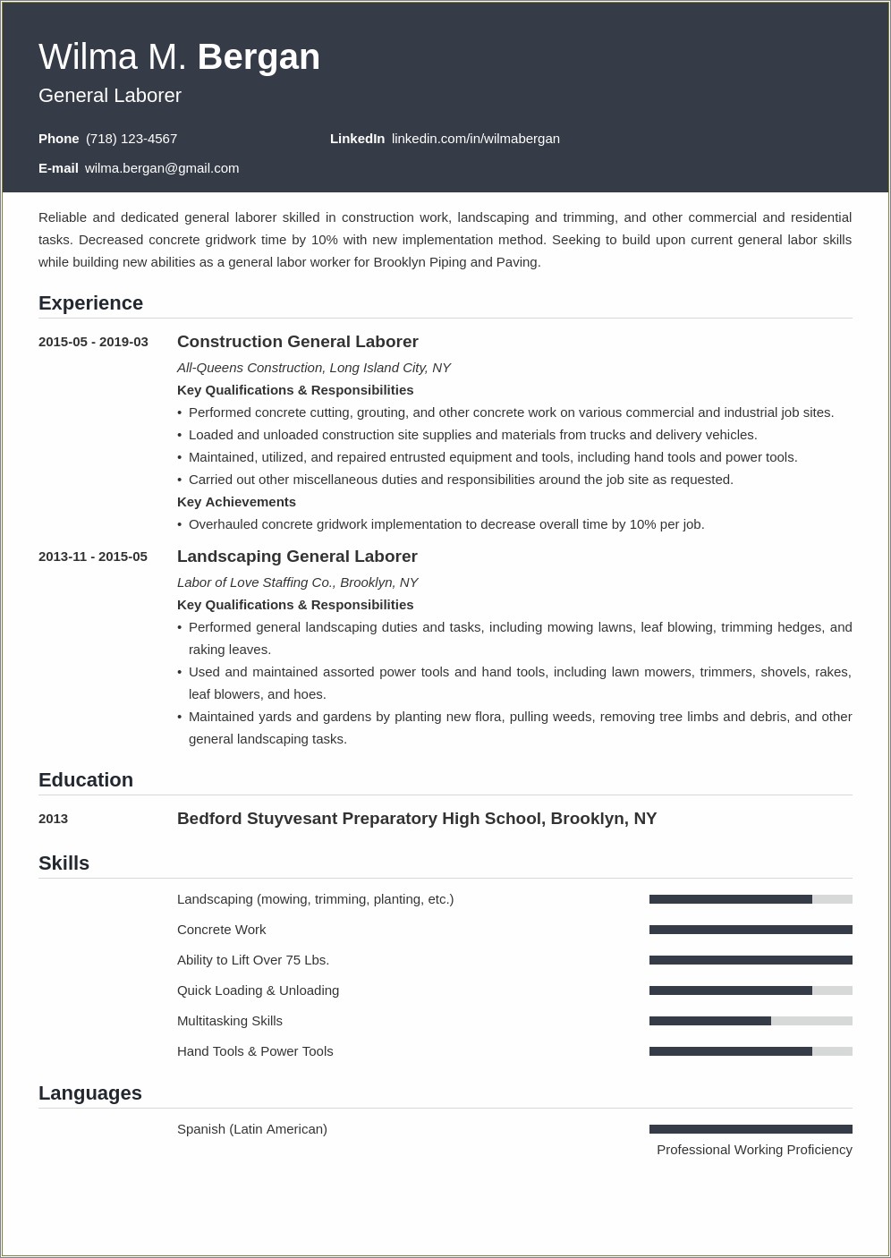 Generic Format Resume Template For Trade Skilled Labor