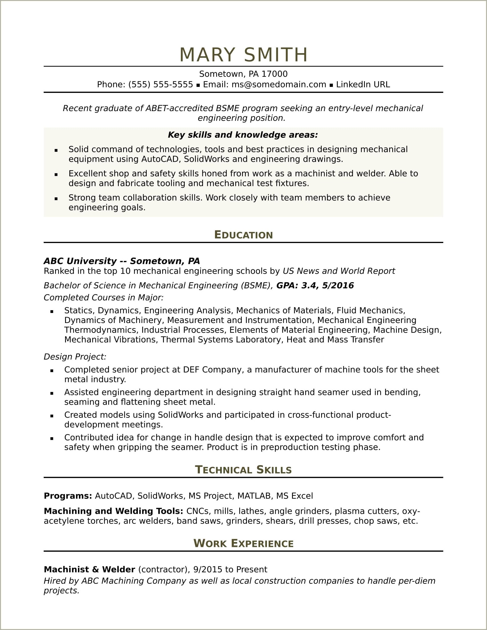 Generic Resume Objective Engineer Entry Level