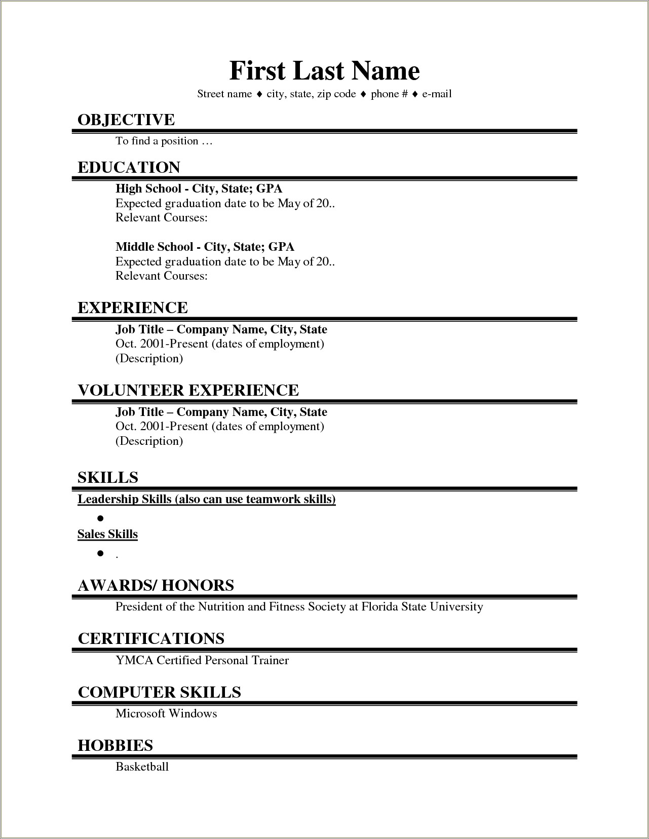 Get First Job In High School Student Resume