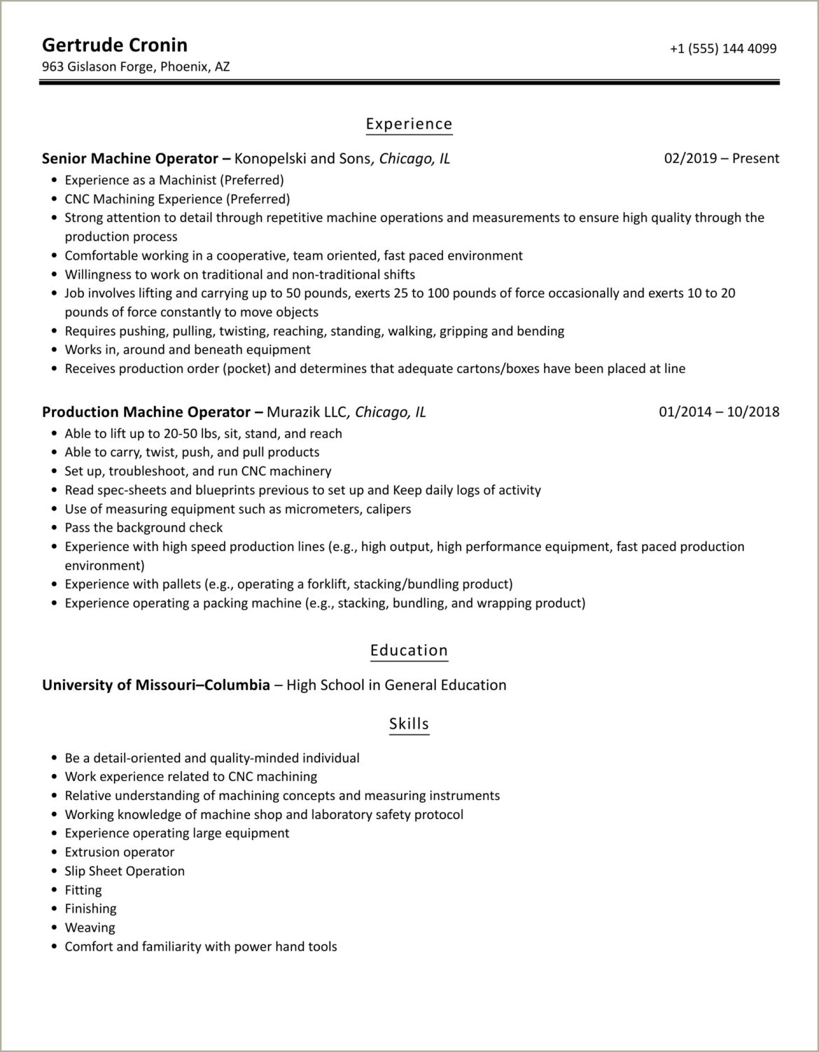 Glass Machine Operator Bender Resume Example