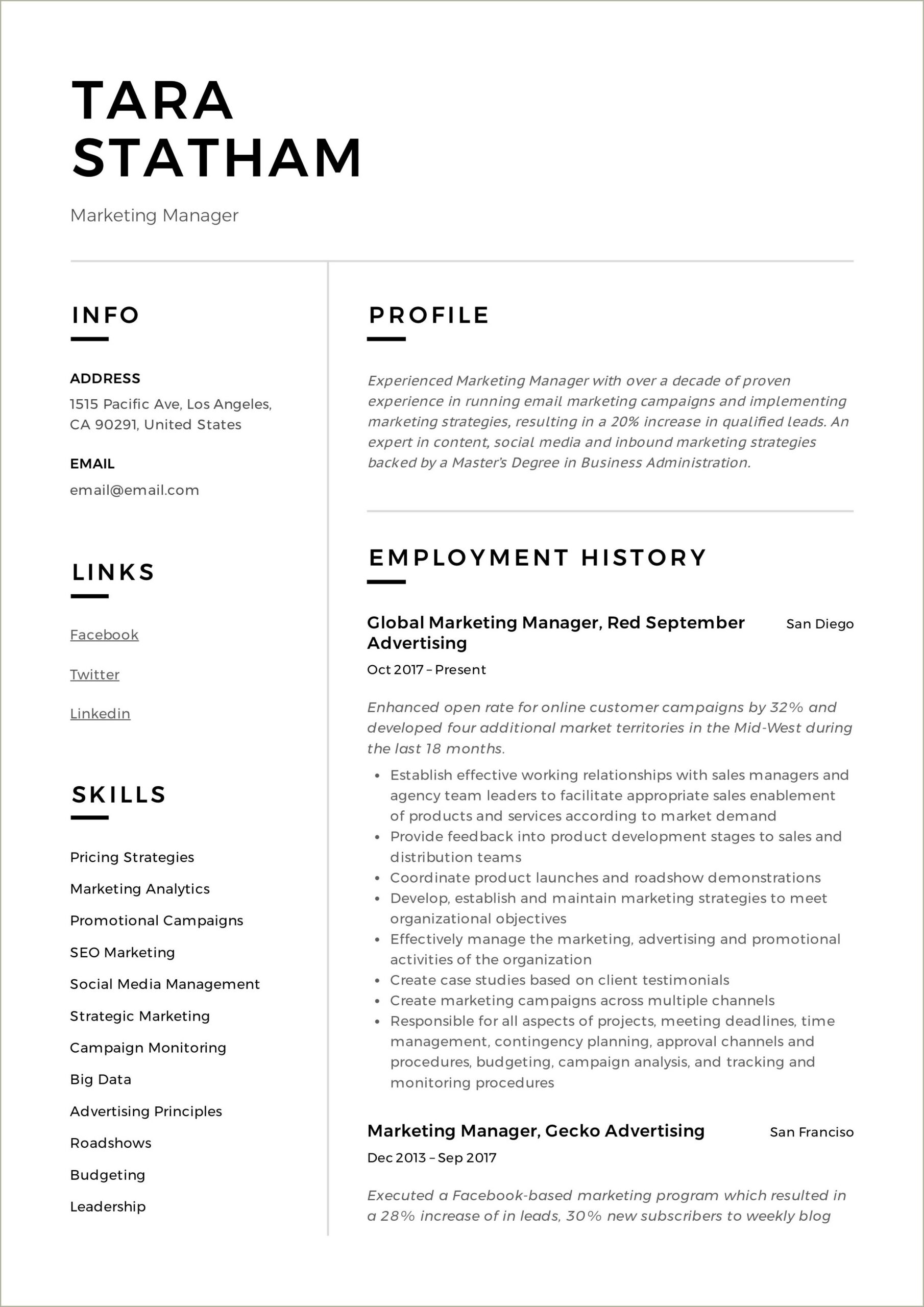 Global Senior Marketing Manager Resume Sample