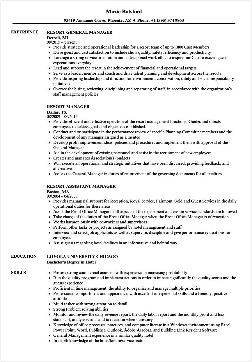 Golf Course General Manager Resume Example