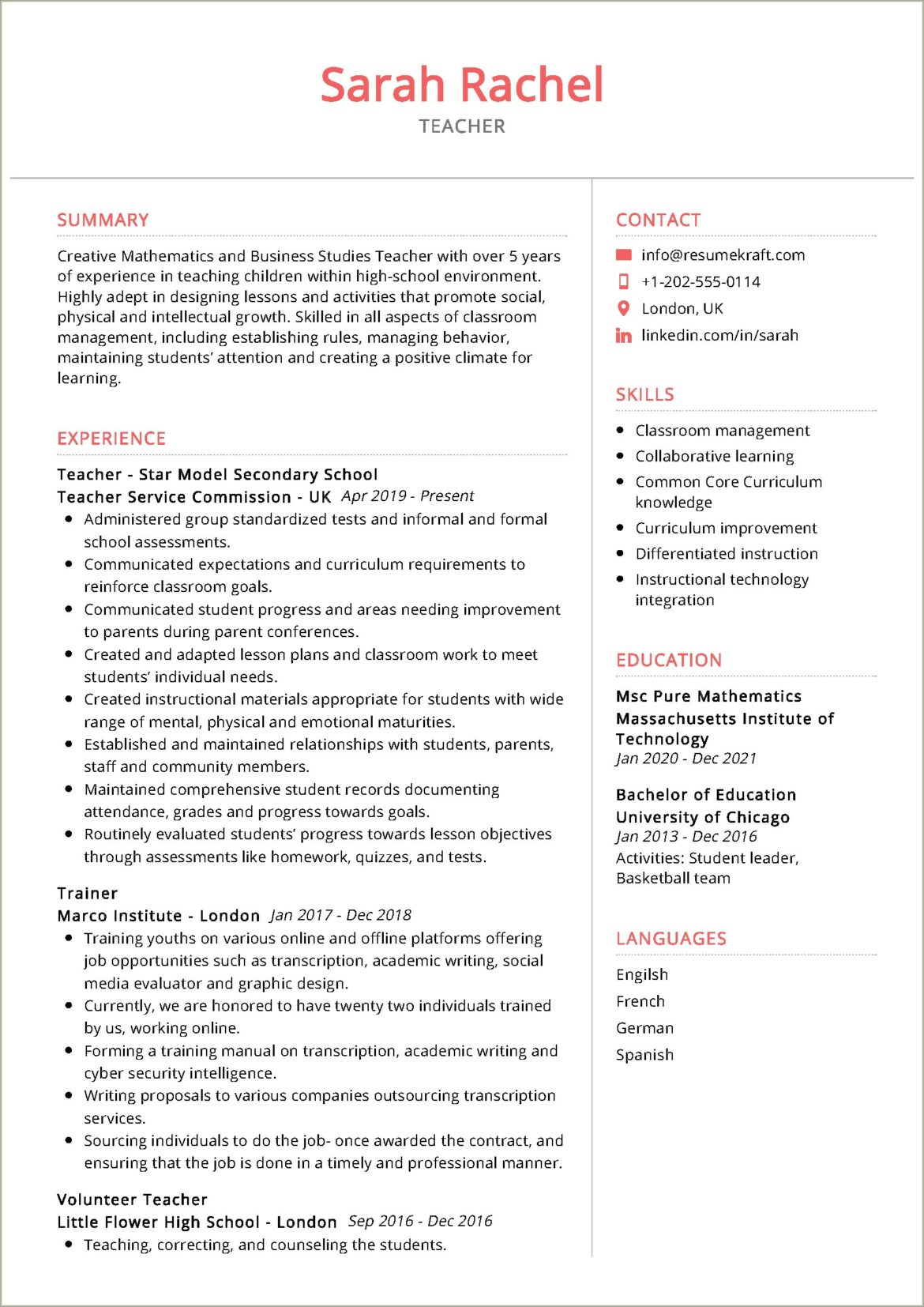 Good Bullet Points For Teacher Resume