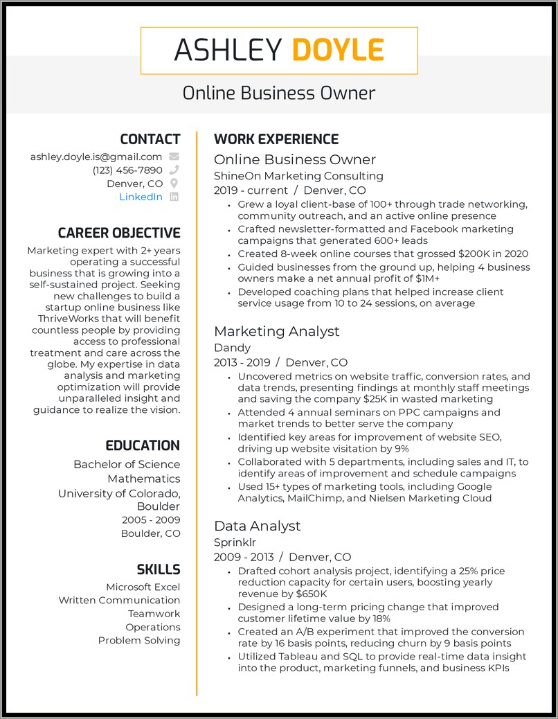 Good Business Self Description For Resume