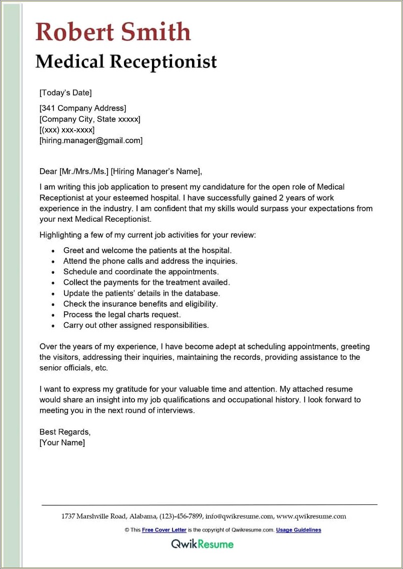 Good Cover Letter For Receptionist Resume