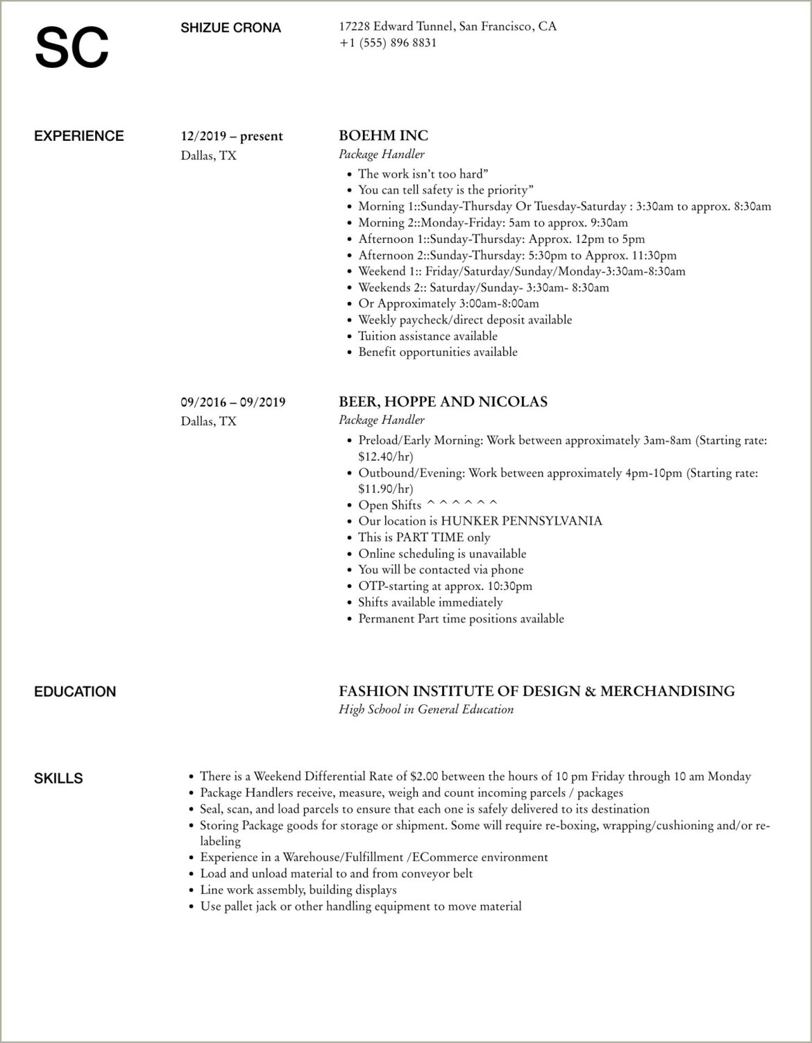 Good Description Package Handler For Resume