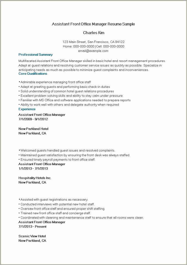 Good Employee Resume On Front Office Sample
