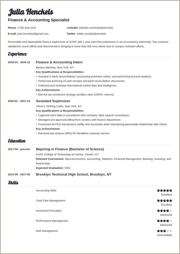 Good Example For A Resume College