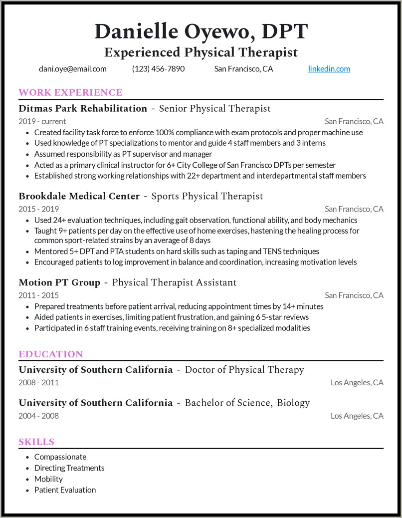 Good Example Of A Physical Therapist Resume