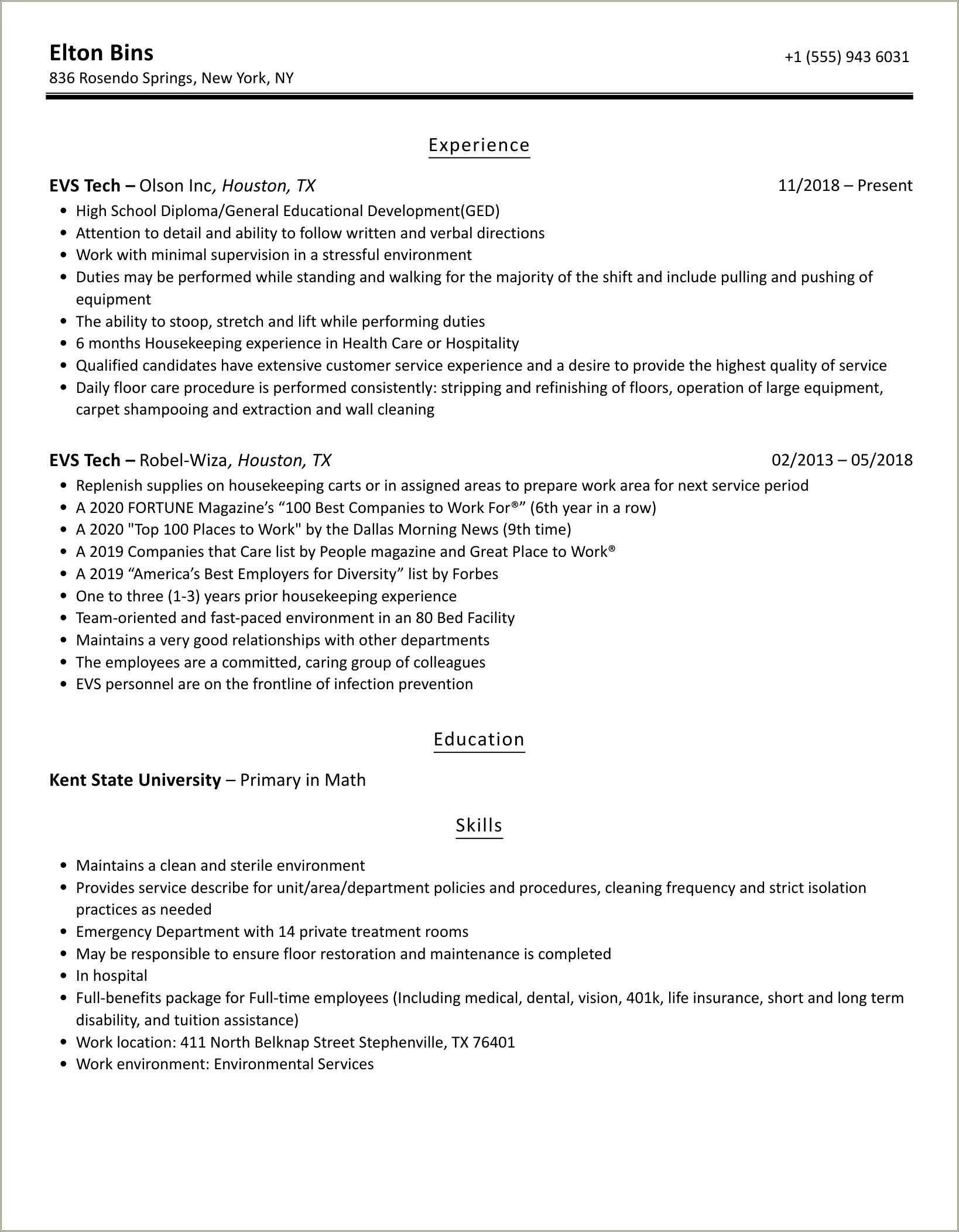 Good Examples Of A Resume For Evs Job