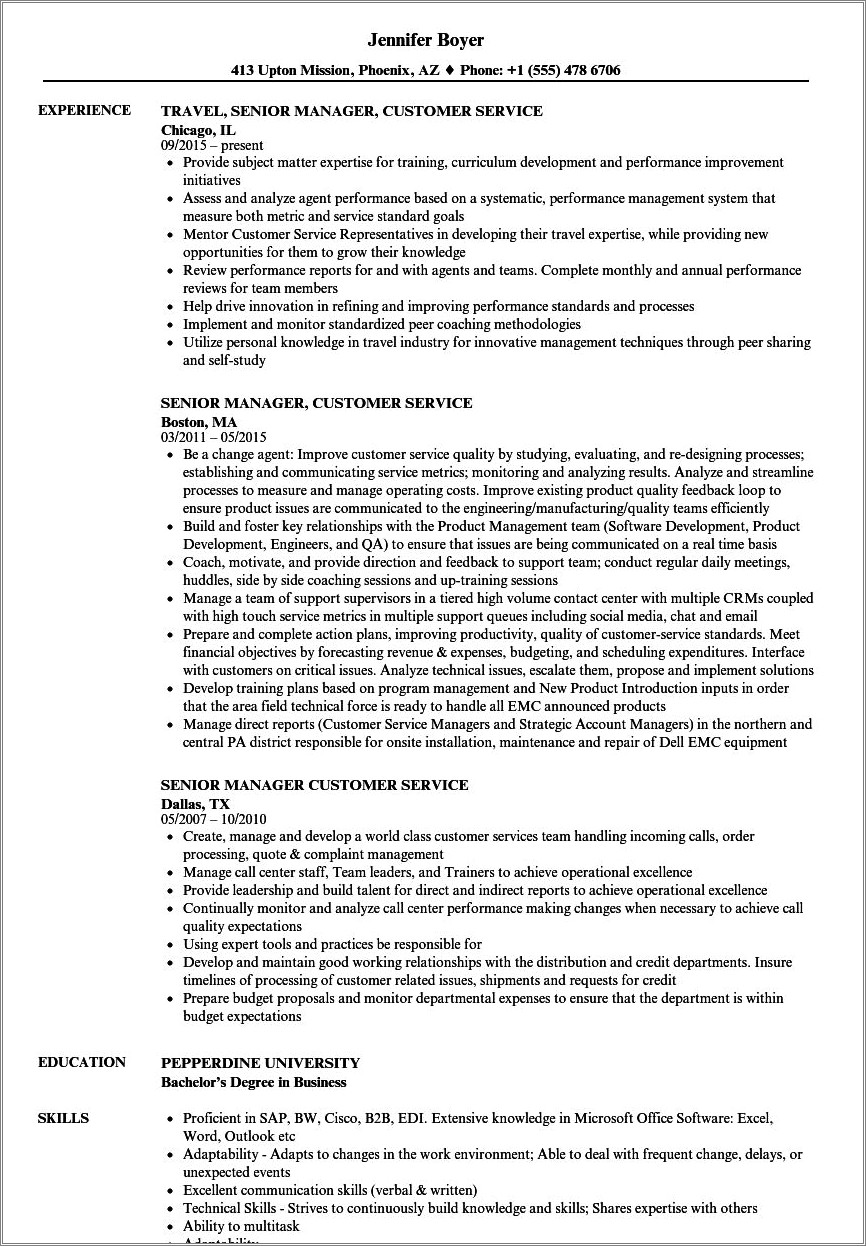 Good Experience For Customer Service Resume