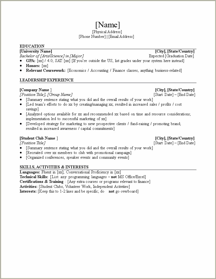 Good Interests For Resume For Banking