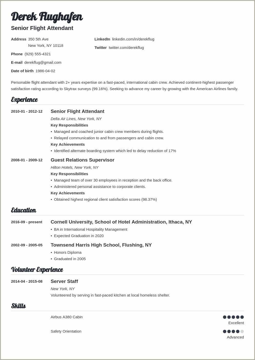 Good Introductory Summary For Flight Attendant Resume