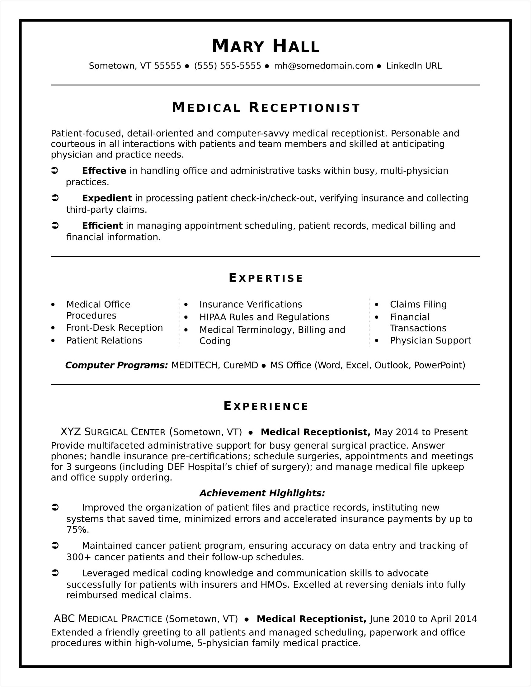 Good Objective For Medical Receptionist Resume